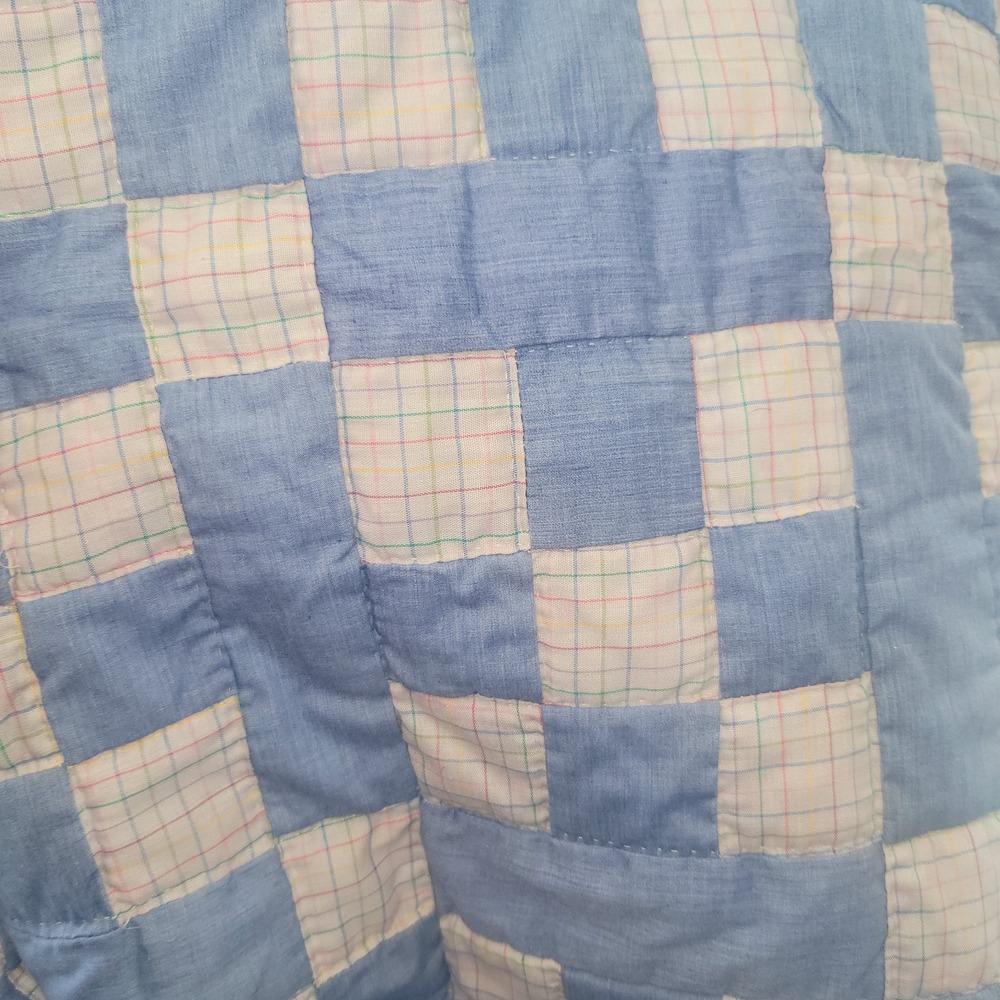 Vintage Handmade Hand Stitched Patchwork Quilt Bedspread 80x92 Blue Pink - Picture 8 of 9